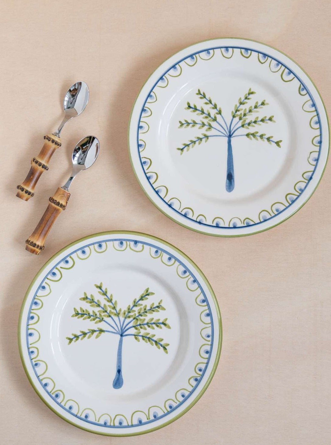2 Coconut Tree Hand-Painted Ceramic Dessert Plate - White, Green, and Blue - Matching with Bamboo Cutlery