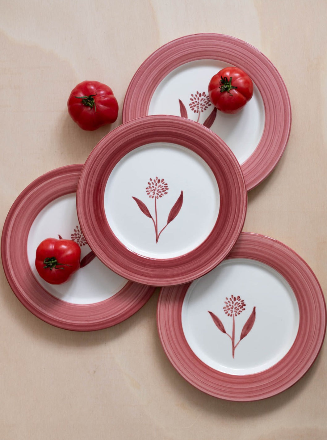 Set of 4 Cecilia Hand-Painted Ceramic Dinner Plate - Red and White - Front Image