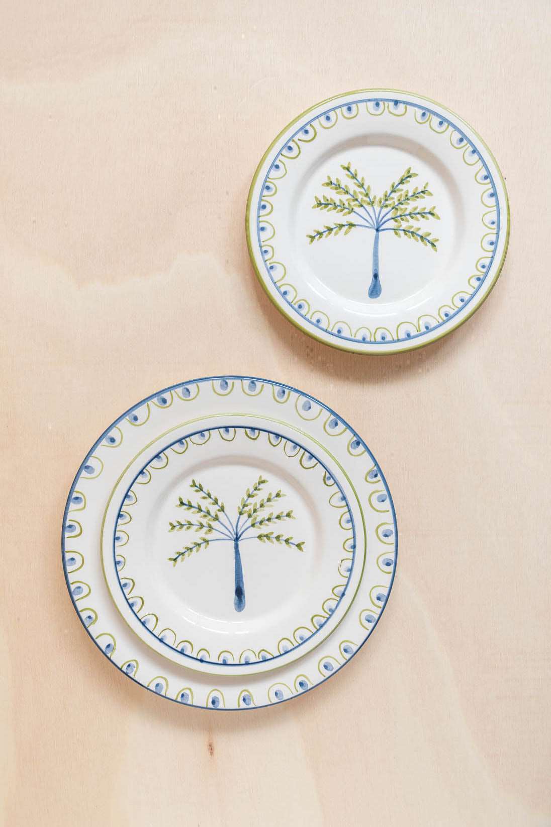 Coconut Tree Hand-Painted Ceramic Dessert Plate - White, Green, and Blue - Matching with Coconut Dinner Plate