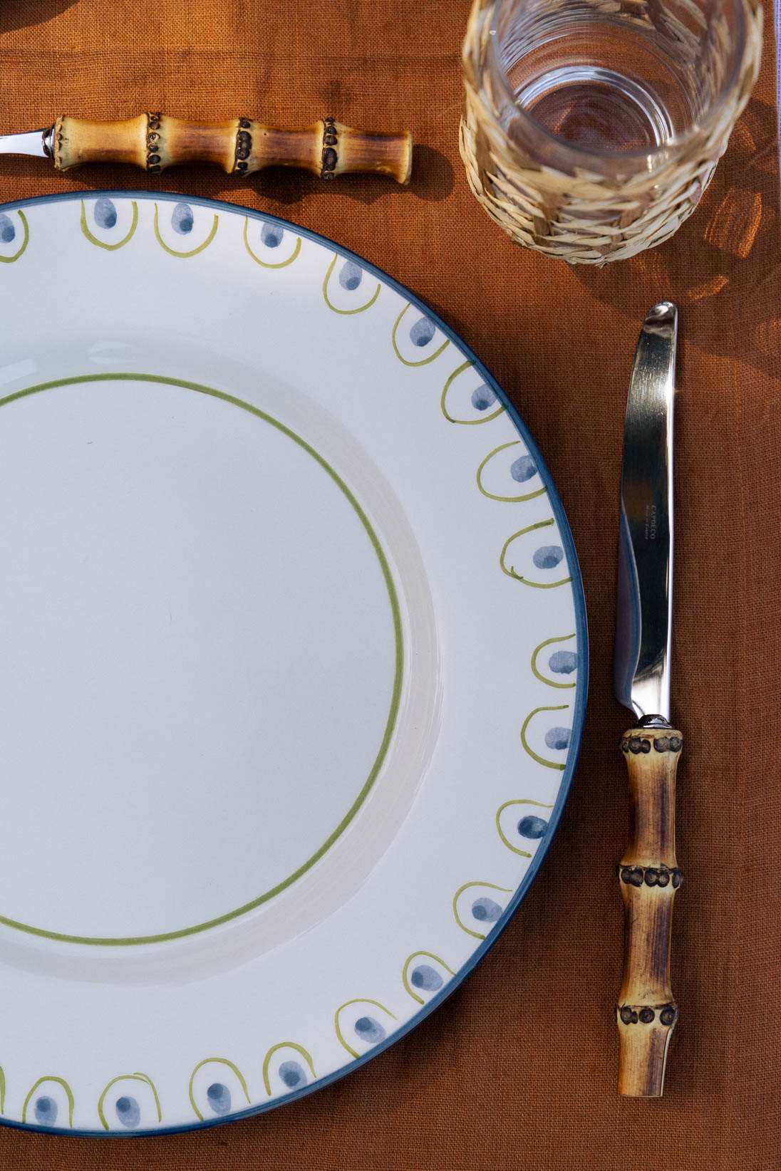 Coconut Hand-Painted Ceramic Dinner Plate - White, Green, and Blue - Matching with Bamboo Cutlery