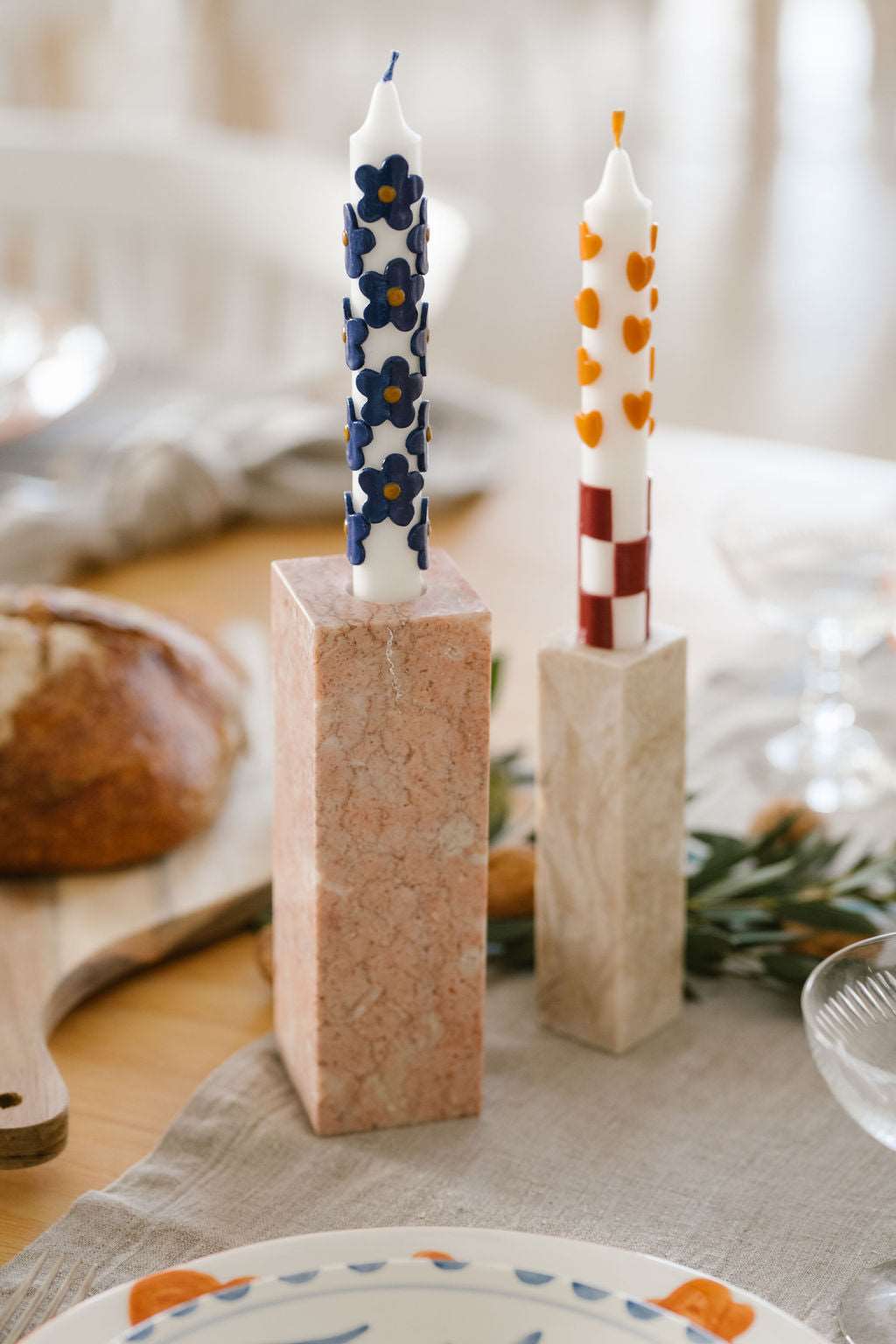 Grid and Hearts Hand Decorated Candle - Set of 2